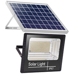 Proiector LED/Lampa solara de exterior Practicpentrucasa, 15 cm x 12 cm, Rezistent la Apa IP67, cu Panou Solar, 100 LED SMD, 30W, Senzor de lumina, Timer, cu Telecomanda, 2 moduri de iluminat, kit montaj inclus, Lumina Rece
