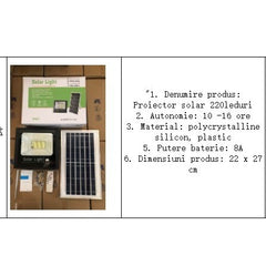 Proiector LED/Lampa solara de exterior Practicpentrucasa, 20 cm x 25 cm, Rezistent la Apa IP67, cu Panou Solar, 220 LED SMD, 100W, Senzor de lumina, Timer, cu Telecomanda, 2 moduri de iluminat, kit montaj inclus, Lumina Rece