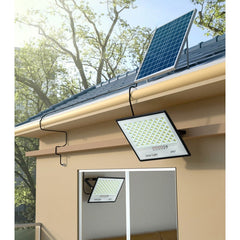 Set 2 proiectoare LED cu Panou Solar Practicpentrucasa, Senzor de miscare, Telecomanda, Waterproof, 200 LED-uri incorporate, 65W, 24x18 cm, IP67, Design Modern, Negru