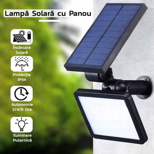 Lampa solara pentru terasa/gradina 48 de LED-uri Practicpentrucasa, cu 2 moduri de fixare, senzor de lumina, IP44, material ABS, 5W, 80 lm, 26.5 cm x 14 cm, Alb Rece