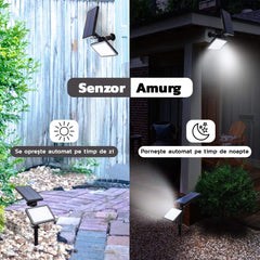 Lampa solara pentru terasa/gradina 48 de LED-uri Practicpentrucasa, cu 2 moduri de fixare, senzor de lumina, IP44, material ABS, 5W, 80 lm, 26.5 cm x 14 cm, Alb Rece