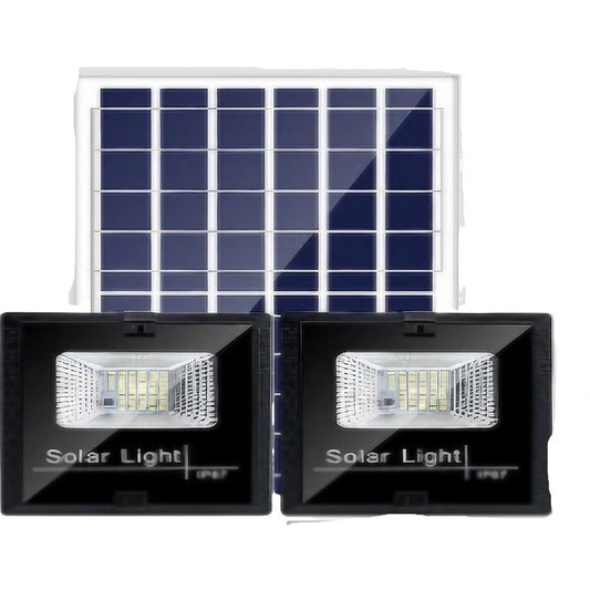 Set 2 proiectoare LED SMD 30W cu incarcare solara Practicpentrucasa, panou solar, cu telecomanda, suport prindere, material ABS, 1.2AH, 200LED-uri, 13x13.5 cm, negru