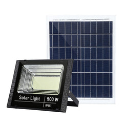 Proiector LED SMD 500W cu incarcare solara Practicpentrucasa, panou solar, cu telecomanda, suport prindere, material ABS, 18AH, 400 LED-uri, temperatura culoare 6500k, 32x26x9 cm, negru
