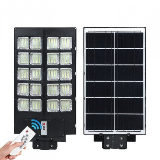 Lampa solara stradala Practicpentrucasa, cu telecomanda, senzor de miscare si lumina, suport prindere, 800 LED-uri, IP65, ABS, 25AH, 500W, temperatura culoare 6500K, 67.6x34.8x7.2 cm, autonomie 10-12 ore, negru