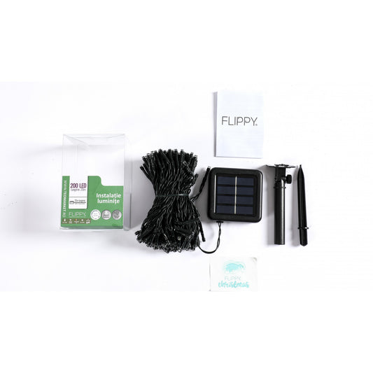 Instalatie Craciun, 20 metri, 200 de LED-uri, Alb Rece, cu energie solara, fir de cupru, liniar, interior/exterior, Practicpentrucasa
