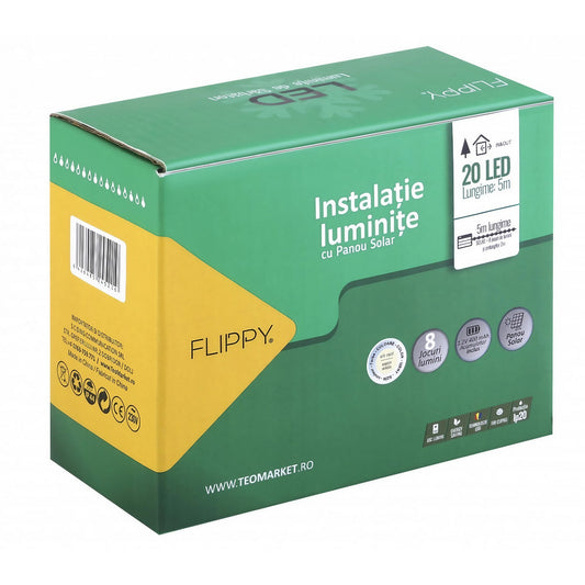 Instalatie Craciun, 5 metri, 20 de LED-uri cu ornament tip Bulb, 8 jocuri de lumini alb cald, cu energie solara, liniar, cablu verde, interior/exterior, Practicpentrucasa