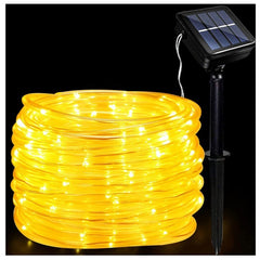 Instalatie luminoasa de Craciun cu LED, 100 LED-uri tip Tub, 12 metri lungime, 8 programe, 2 metri prelungitor, incarcare solara, alb cald, Practicpentrucasa