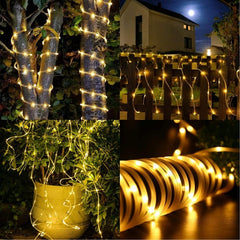 Instalatie luminoasa de Craciun cu LED, 100 LED-uri tip Tub, 12 metri lungime, 8 programe, 2 metri prelungitor, incarcare solara, alb cald, Practicpentrucasa