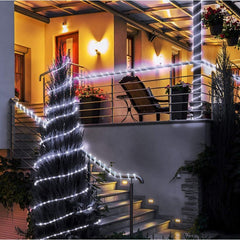 Instalatie luminoasa de Craciun tip furtun luminos, 100 LED-uri, 12 metri lungime, 8 programe, 2 metri prelungitor, sarma din cupru, incarcare solara, alb rece, Practicpentrucasa