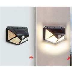 Lampa cu incarcare solara pentru exterior, 100 LED cu distanta de inductie, montaj pe perete, fara cabluri, cu 4 fete, Practicpentrucasa