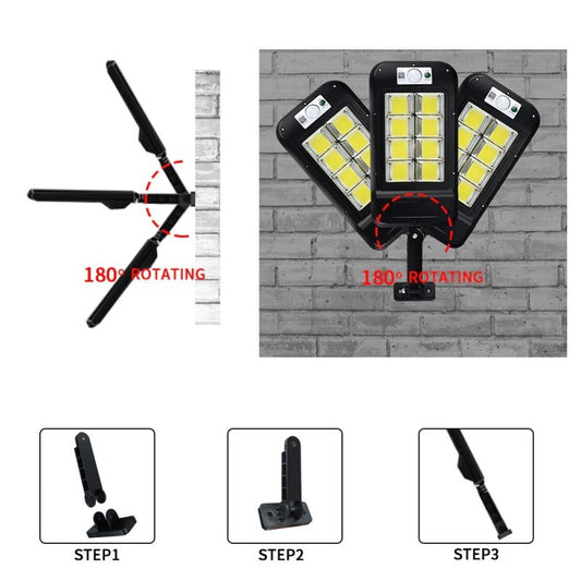 Lampa Solara De Exterior LED Practicpentrucasa, 36 cm x 11.5 cm, kit montare inclus, 2880 Lumeni 120 COB LED 24 W - echivalent 192 W bec incadescent, IP65, Senzor de Miscare, 3 moduri de iluminare, Senzor de Lumina, 12 Grile, Alb Rece