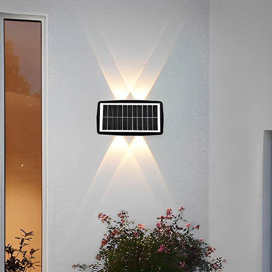 Lampa solara LED bidirectionala dreptunghiulara pentru perete Practicpentrucasa, 20.5x10 cm, 6 LED-uri, 5.5V, ABS, 500mAh, rezistent la apa IP65, alb cald