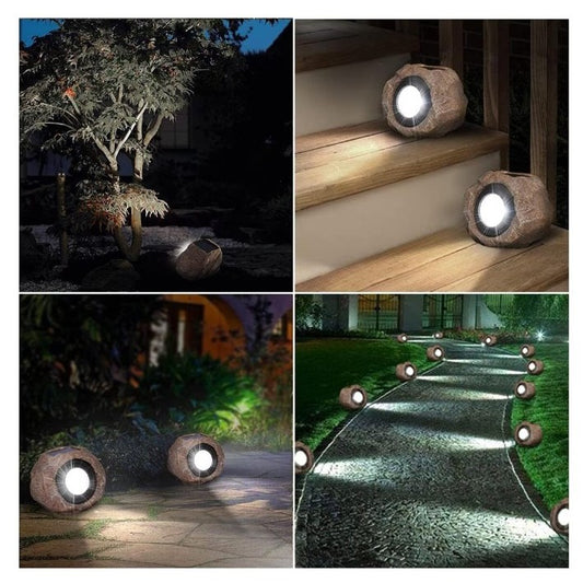 Lampa solara LED decorativa pentru gradina Practicpentrucasa, imitatie piatra, lumina puternica 4 LED-uri, 12 x 15 cm, material ABS, baterie Ni-MH, 600 mAh, panou solar 2V, lumina alb rece, gri
