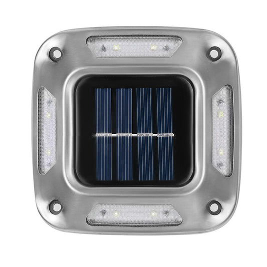 Lampa solara LED pentru gradina Practicpentrucasa, 8 LED-uri, prindere de perete sau impamantare, IP65, forma patrat, material ABS si Policarbonat, 9 x 9 cm, baterie 1.2V, 600 mah, alb rece