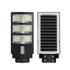 Lampa solara stradala Practicpentrucasa, cu telecomanda, senzor de miscare si lumina, suport prindere, 135 LED-uri, IP65, ABS, 8AH, 100W, temperatura culoare 6500K, 48.5x22x6.8 cm, autonomie 10-12 ore, negru