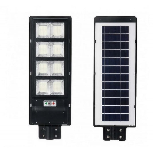 Lampa solara stradala Practicpentrucasa, cu telecomanda, senzor de miscare si lumina, suport prindere, 180 LED-uri, IP65, ABS, 10AH, 200W, temperatura culoare 6500K, 59.5x23.8x6.8 cm, autonomie 10-12 ore, negru