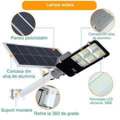 Lampa solara stradala Practicpentrucasa, IP65, senzor de lumina, 417 LED-uri SMD, 24000 lm, 300W, autonomie 12-16 ore, telecomanda, montare prin fixare, pentru strada sau gradina, finisaj lucios, material ABS, 49.5 x 21 x 6.5 cm, lumina alb rece