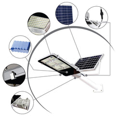 Lampa solara stradala Practicpentrucasa, IP65, senzor de lumina, 417 LED-uri SMD, 24000 lm, 300W, autonomie 12-16 ore, telecomanda, montare prin fixare, pentru strada sau gradina, finisaj lucios, material ABS, 49.5 x 21 x 6.5 cm, lumina alb rece