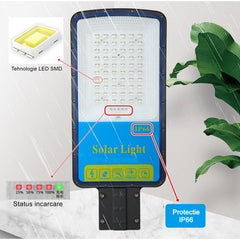 Lampa solara stradala Practicpentrucasa, IP66, senzor de lumina, 120 LED-uri SMD, 1800 lm, panou 20W, putere 100W, autonomie 12-16 ore, telecomanda, montare prin fixare, pentru strada sau gradina, finisaj mat, material ABS,  49 x 21 x 5.5 cm, gri