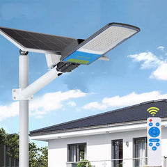 Lampa solara stradala Practicpentrucasa, IP66, senzor de lumina, 120 LED-uri SMD, 1800 lm, panou 20W, putere 100W, autonomie 12-16 ore, telecomanda, montare prin fixare, pentru strada sau gradina, finisaj mat, material ABS,  49 x 21 x 5.5 cm, gri
