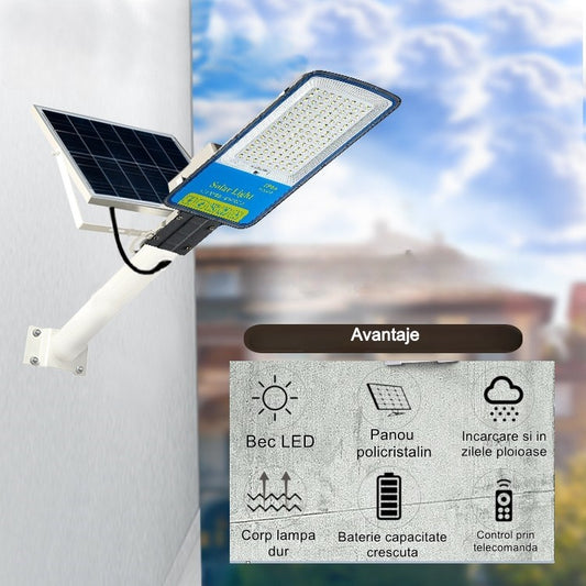 Lampa solara stradala Practicpentrucasa, IP66, senzor de lumina, 240 LED-uri SMD, 3200 lm, panou 35W, putere 400W, autonomie 12-16 ore, telecomanda, montare prin fixare, pentru strada sau gradina, finisaj mat, material ABS,  49 x 21 x 5.5 cm, gri