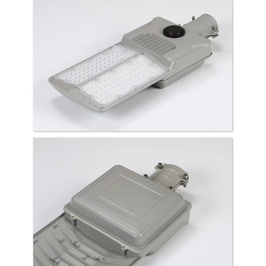 Lampa solara stradala Practicpentrucasa, pentru curte sau strada, cu doua grile, finisaj mat, rezistent la apa, montare prin fixare, senzor lumina, baterie de litiu, IP65, lumina rece, putere 300W, autonomie 10 ore, 51.5 x 21 cm, gri