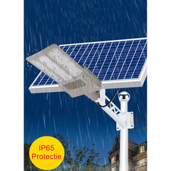 Lampa solara stradala Practicpentrucasa, pentru curte sau strada, cu doua grile, finisaj mat, rezistent la apa, montare prin fixare, senzor lumina, baterie de litiu, IP65, lumina rece, putere 500W, autonomie 10 ore, 55 x 23 x 9 cm, gri
