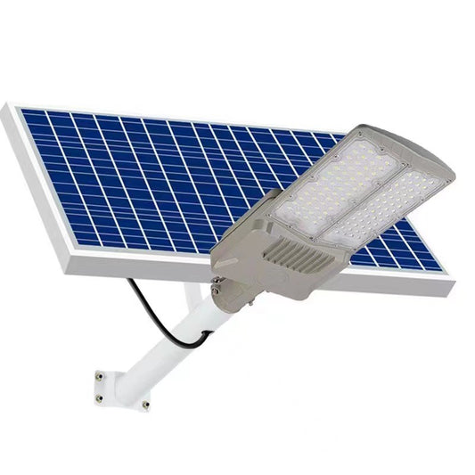 Lampa solara stradala Practicpentrucasa, pentru curte sau strada, cu doua grile, finisaj mat, rezistent la apa, montare prin fixare, senzor lumina, baterie de litiu, IP65, lumina rece, putere 500W, autonomie 10 ore, 55 x 23 x 9 cm, gri
