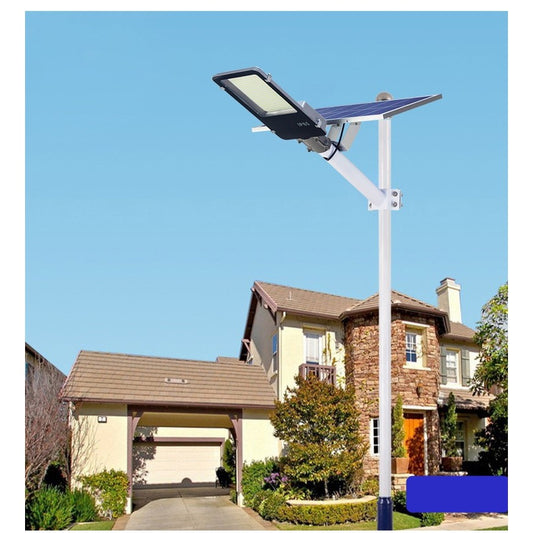 Lampa solara stradala Practicpentrucasa, pentru curte sau strada, finisaj lucios, rezistent la apa, montare prin fixare, senzor lumina, baterie de litiu, IP65, lumina rece, putere 500W, autonomie 10 ore, 49.5 x 21 x 9 cm, negru