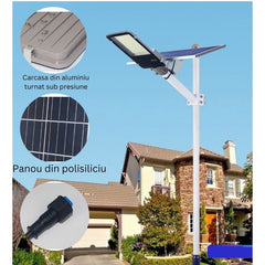 Lampa solara stradala Practicpentrucasa, pentru curte sau strada, finisaj lucios, rezistent la apa, montare prin fixare, senzor lumina, baterie de litiu, IP65, lumina rece, putere 500W, autonomie 10 ore, 49.5 x 21 x 9 cm, negru