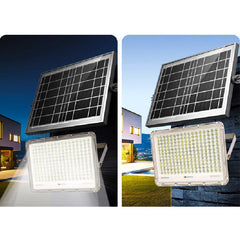 Proiector LED cu Panou Solar Practicpentrucasa, Senzor de lumina Waterproof, 100W, 23x18 cm, suport U inclus, panou afisaj nivel baterie, telecomanda, 220V, Design Modern, Alb