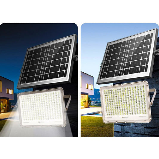 Proiector LED cu Panou Solar Practicpentrucasa, Senzor de lumina Waterproof, 200W, 29x23 cm, suport U inclus, panou afisaj nivel baterie, telecomand, 220V, Design Modern, Alb