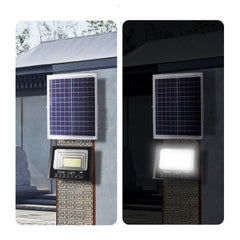 Proiector LED/Lampa solara de exterior Practicpentrucasa, 15 cm x 20 cm, Rezistent la Apa IP67, cu Panou Solar, 114 LED SMD, 65W, Senzor de lumina, Timer, cu Telecomanda, 2 moduri de iluminat, kit montaj inclus, Lumina Rece