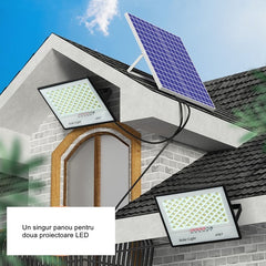 Set 2 proiectoare LED cu Panou Solar Practicpentrucasa, Senzor de miscare, Telecomanda, Waterproof, 200 LED-uri incorporate, 65W, 24x18 cm, IP67, Design Modern, Negru