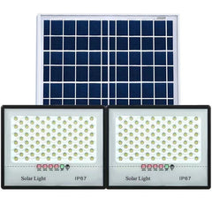 Set 2 proiectoare LED cu Panou Solar Practicpentrucasa, Senzor de miscare, Telecomanda, Waterproof, 200 LED-uri incorporate, 65W, 24x18 cm, IP67, Design Modern, Negru