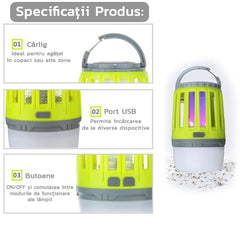 Lampa UV antiinsecte Practicpentrucasa, anti muste, anti tantari, Conectare la priza prin USB, portabil, 3.7 V, 200 lumeni, 8.5 x 13.3 cm, Verde